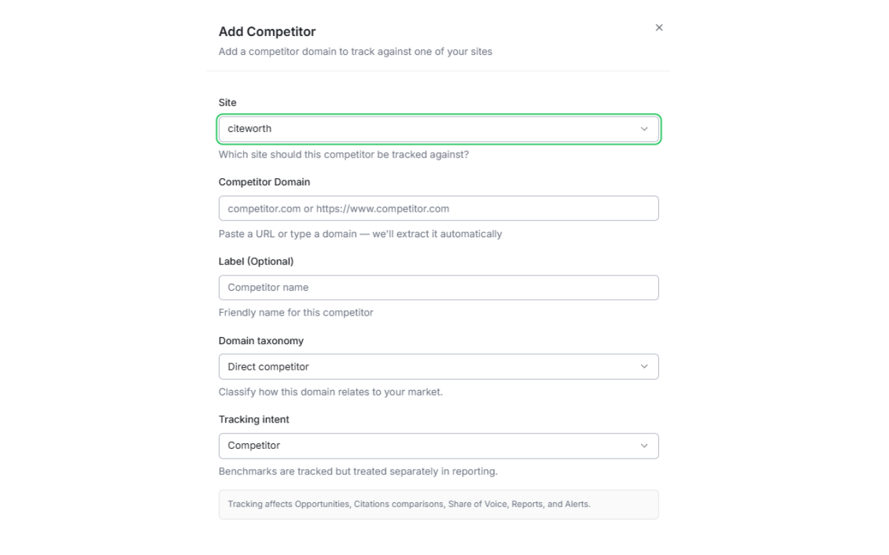 Add competitors form with domain fields for setting up side-by-side visibility tracking.