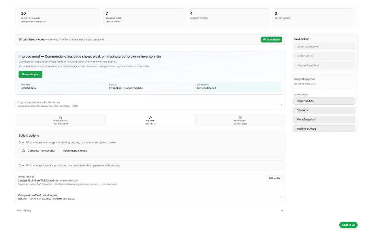 BrandOS recommendation output showing evidence-backed priorities, citations, and fix packages.