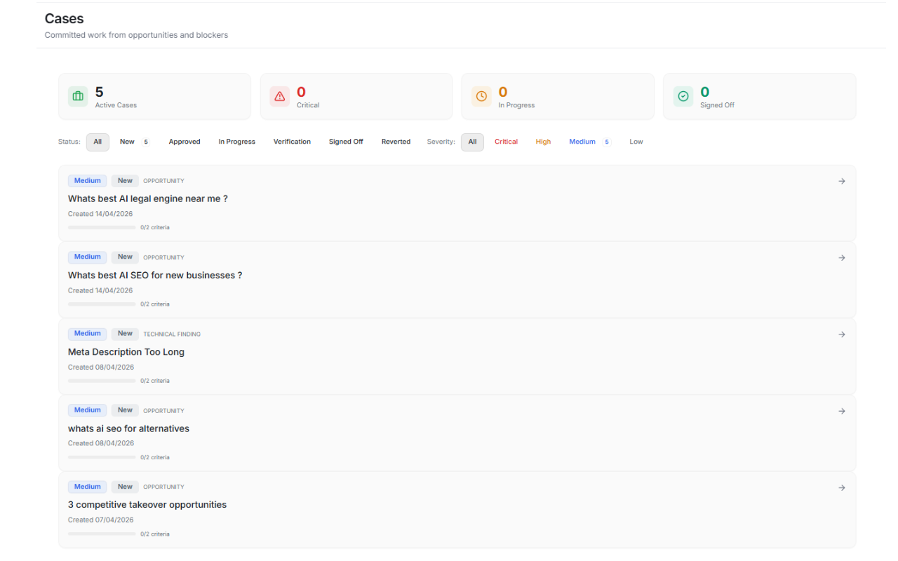 Cases work queue showing visibility issues, acceptance criteria, status, and owner context.