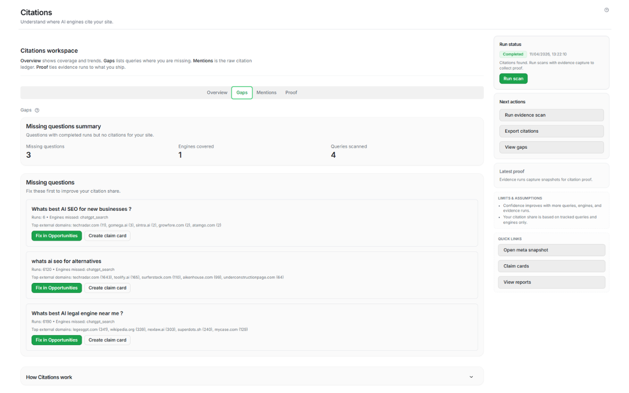 Citation fix list with recommended actions mapped to measurable citation outcomes.
