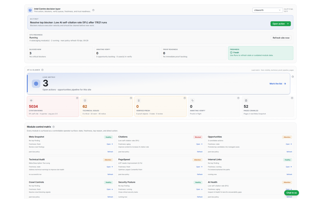 Draft Preview dashboard showing before-and-after crawl evidence with timestamps and export actions.