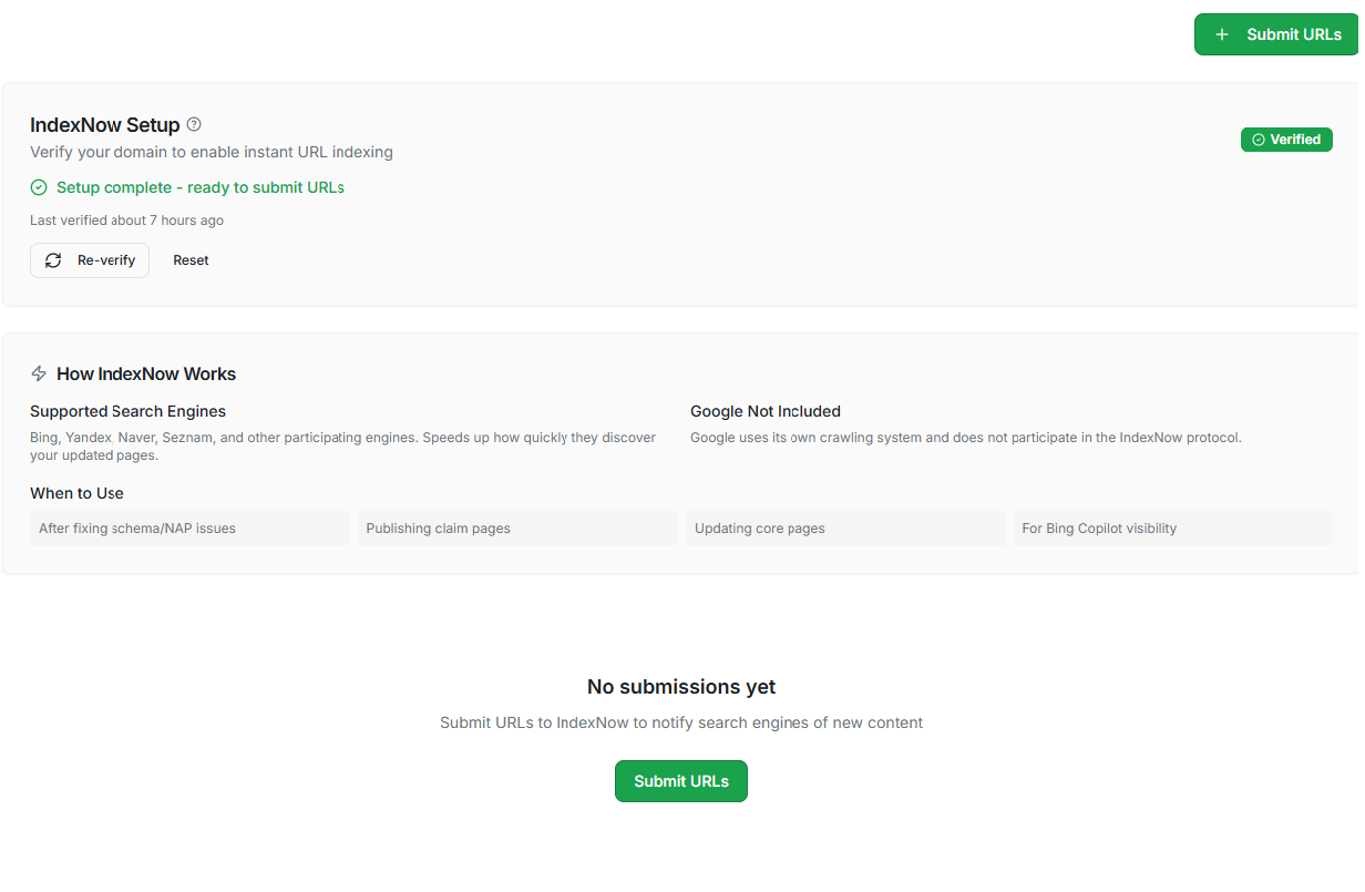 IndexNow submission screen.