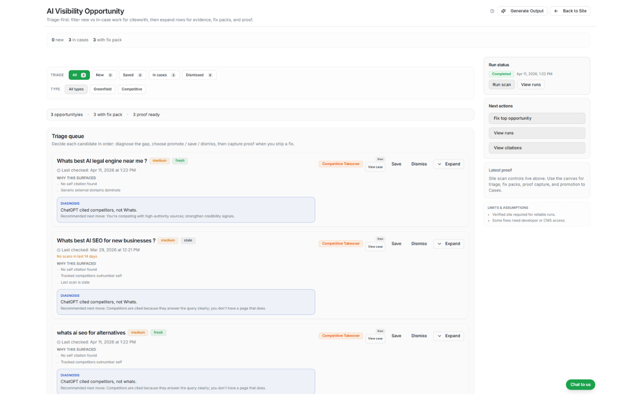 Opportunities dashboard ranking recommended visibility fixes by priority and expected impact.