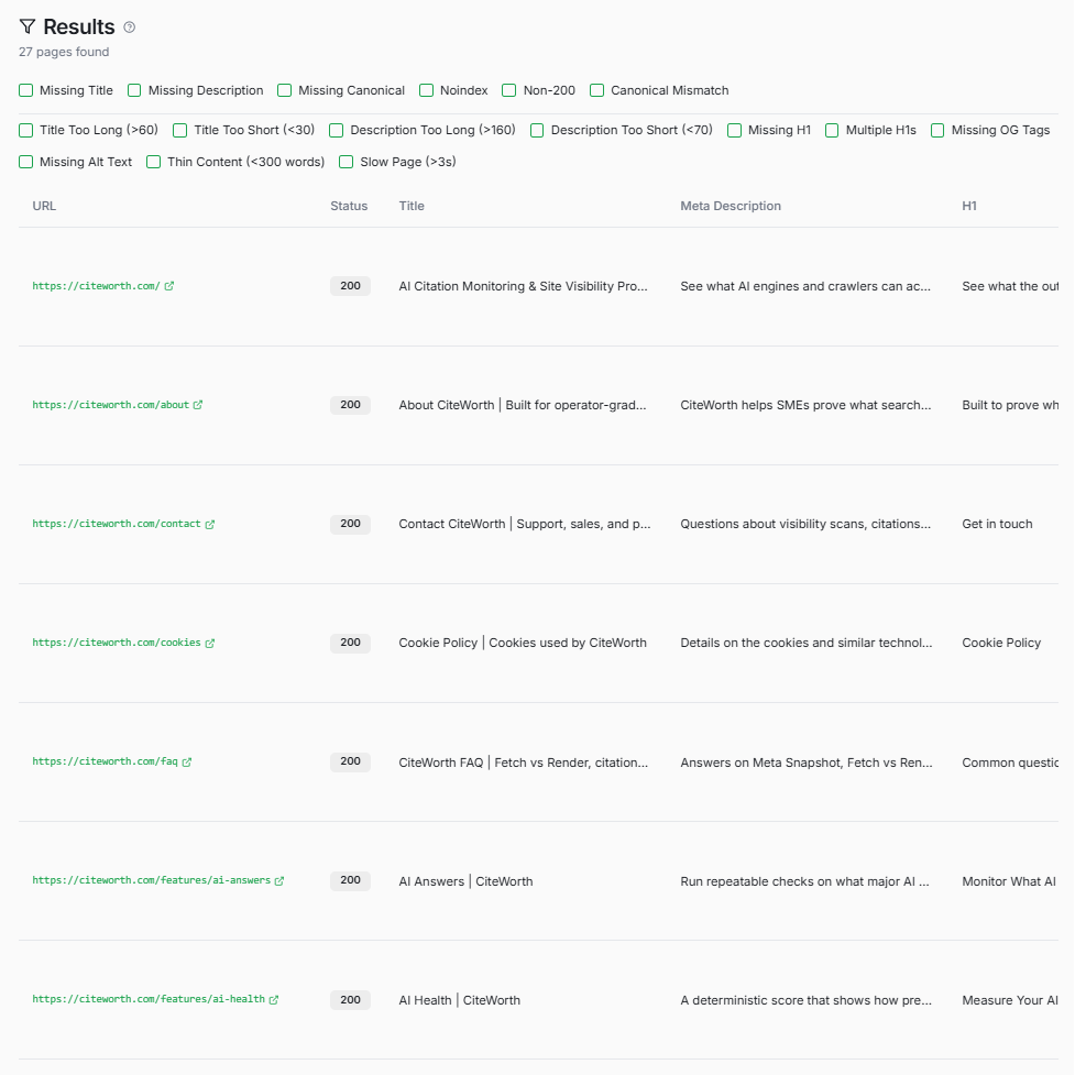 Page audit findings list.