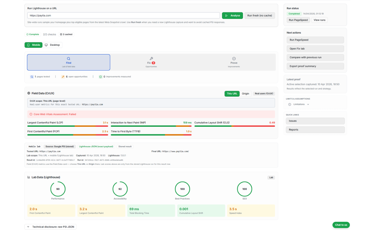 PageSpeed results panel showing Lighthouse score, Core Web Vitals, and URL diagnostics.