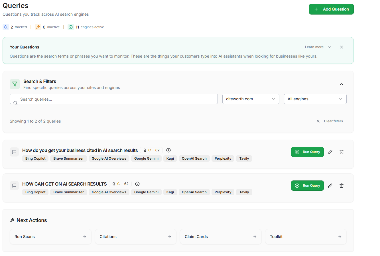 Queries and AI answers screen.
