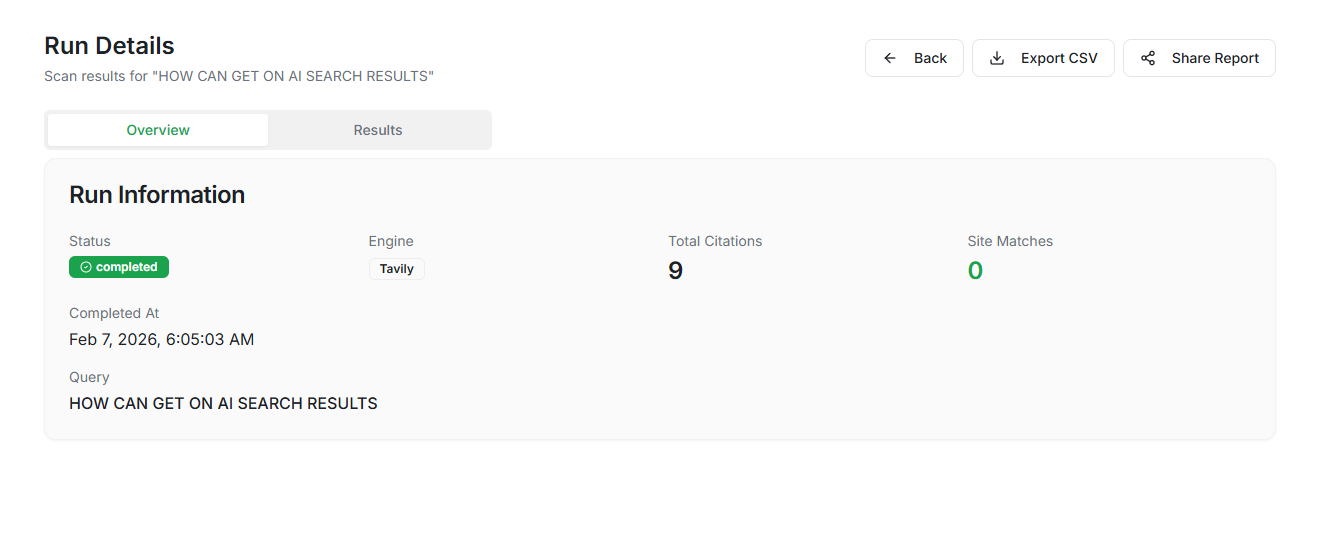 Run details screen showing per-check results, linked evidence, and deterministic retest actions.