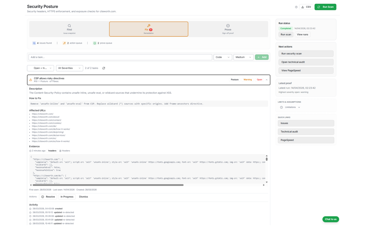 Security Posture check detail showing severity, evidence, and remediation guidance.