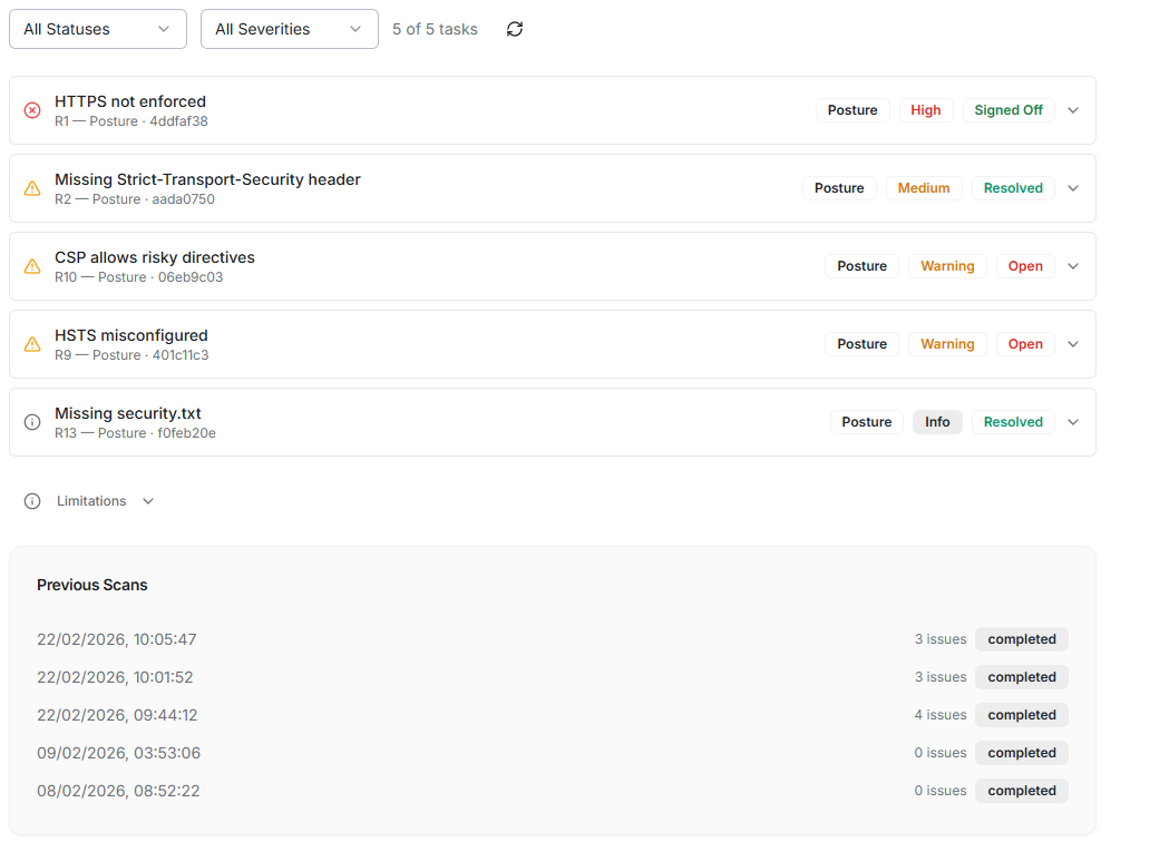 Security posture checks and findings.